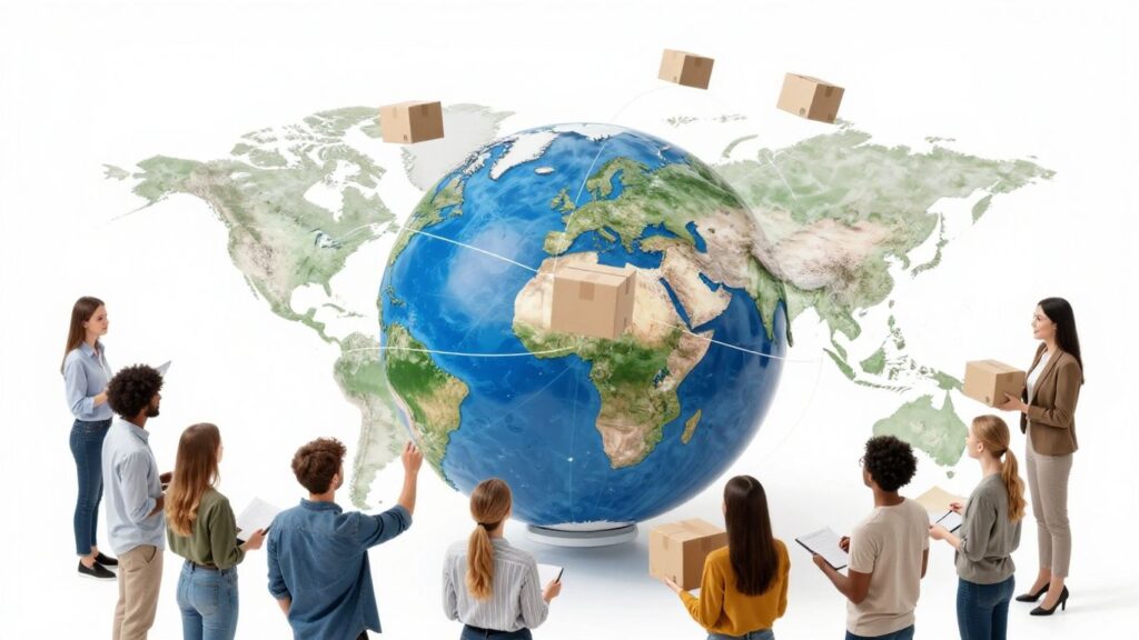 Global dropshipping network with people and packages.