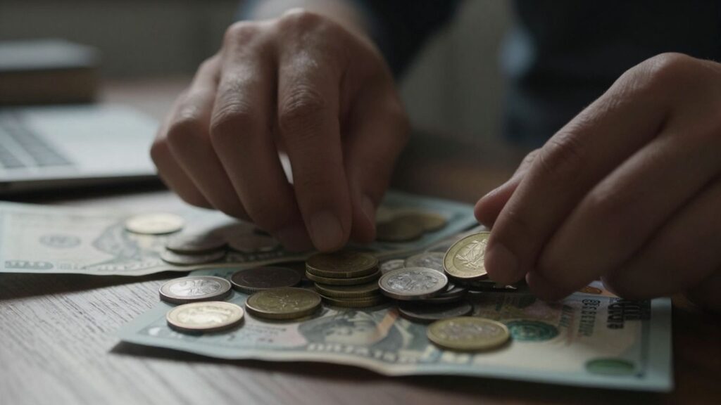 Hands reaching for money, income not guaranteed.