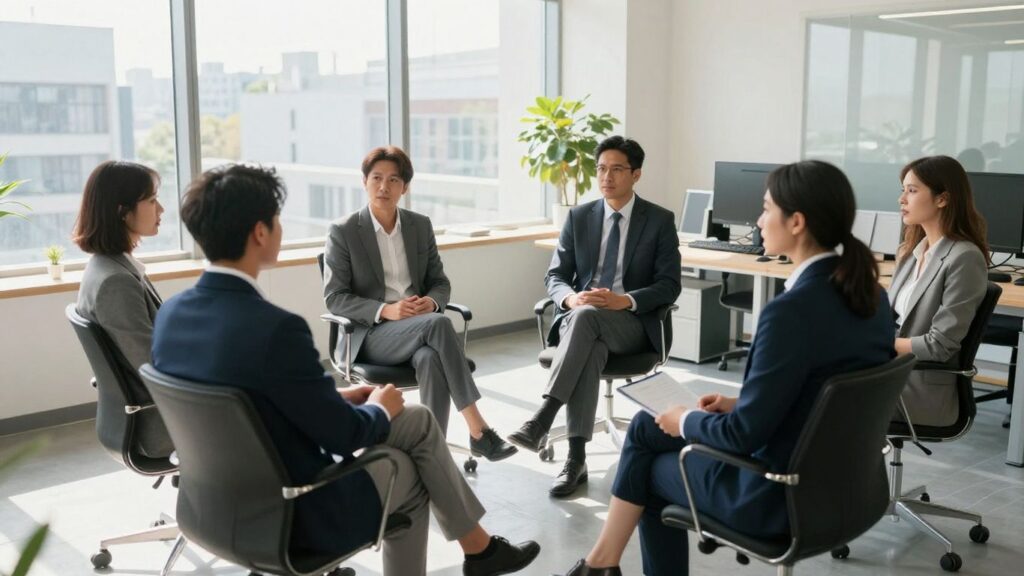 Business professionals collaborating in a bright, modern office.