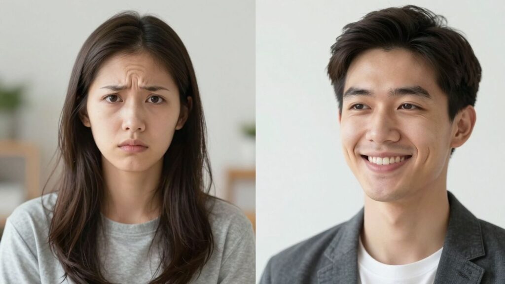 Person looking concerned versus person looking confident.