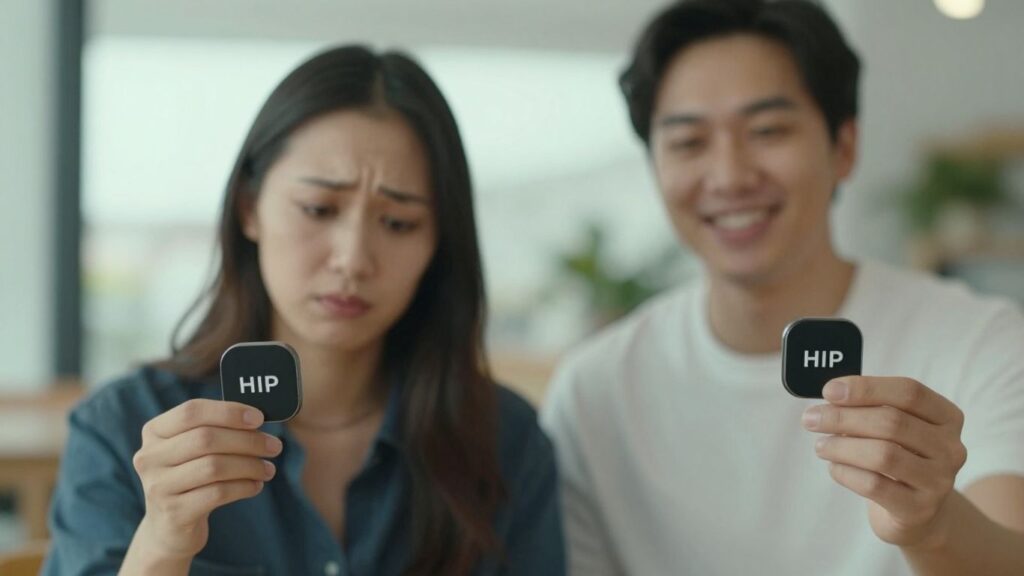 Disappointed person contrasts with happy person holding bHIP product.