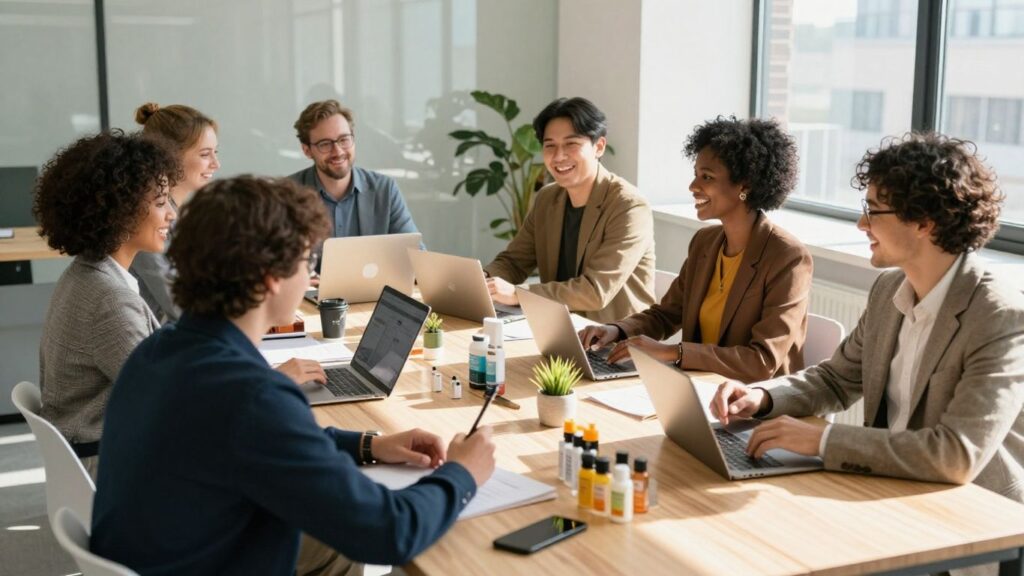 People in a business meeting discussing products.